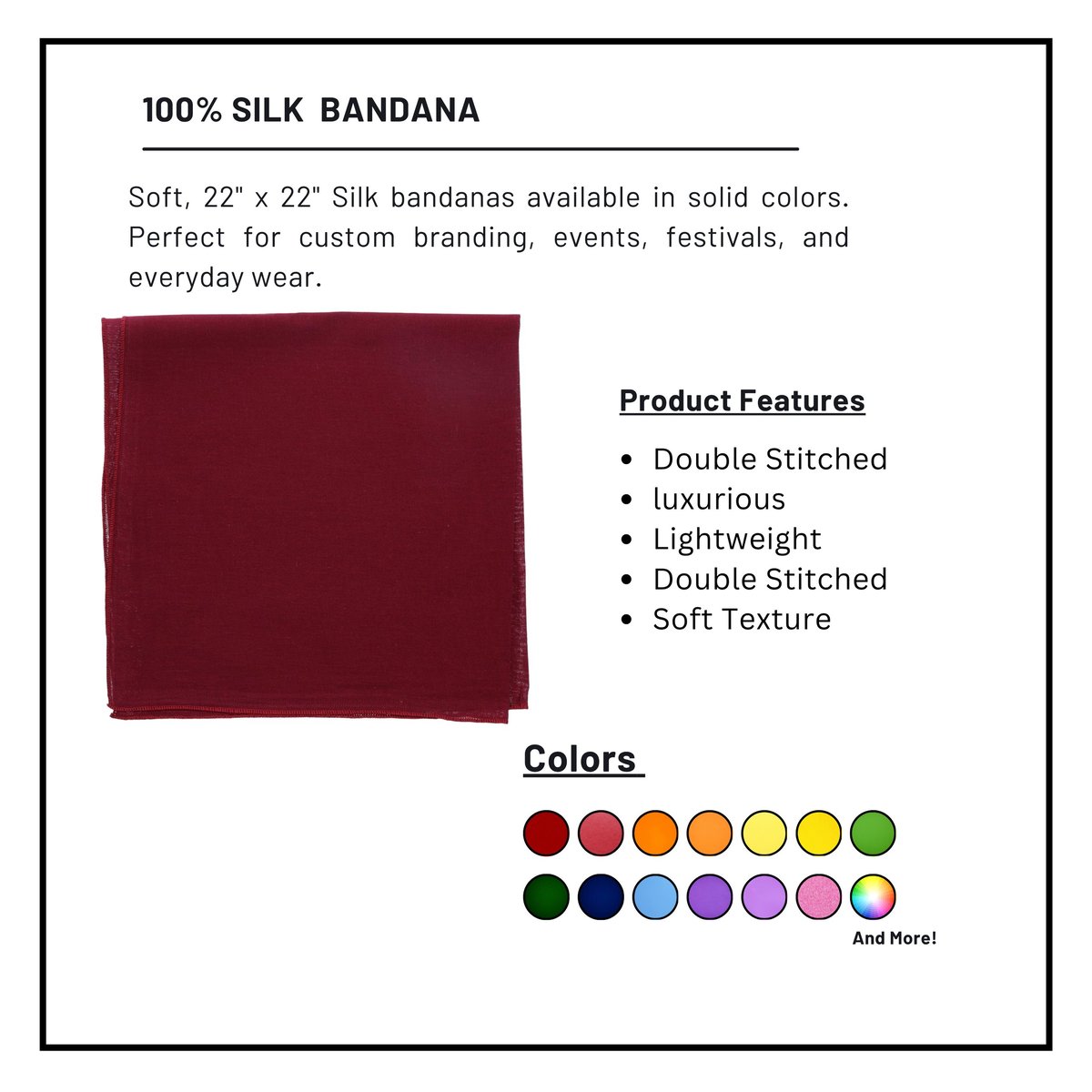 Product catalog page for 100% silk bandanas showing a burgundy sample and multiple color options available