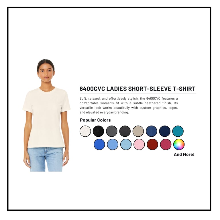 Woman wearing cream-colored 6400CYC short-sleeve t-shirt with color swatches displaying available color options
