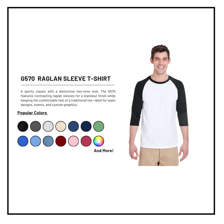 Model wearing G570 Raglan Sleeve T-Shirt in white with black sleeves, displayed with color swatch options below