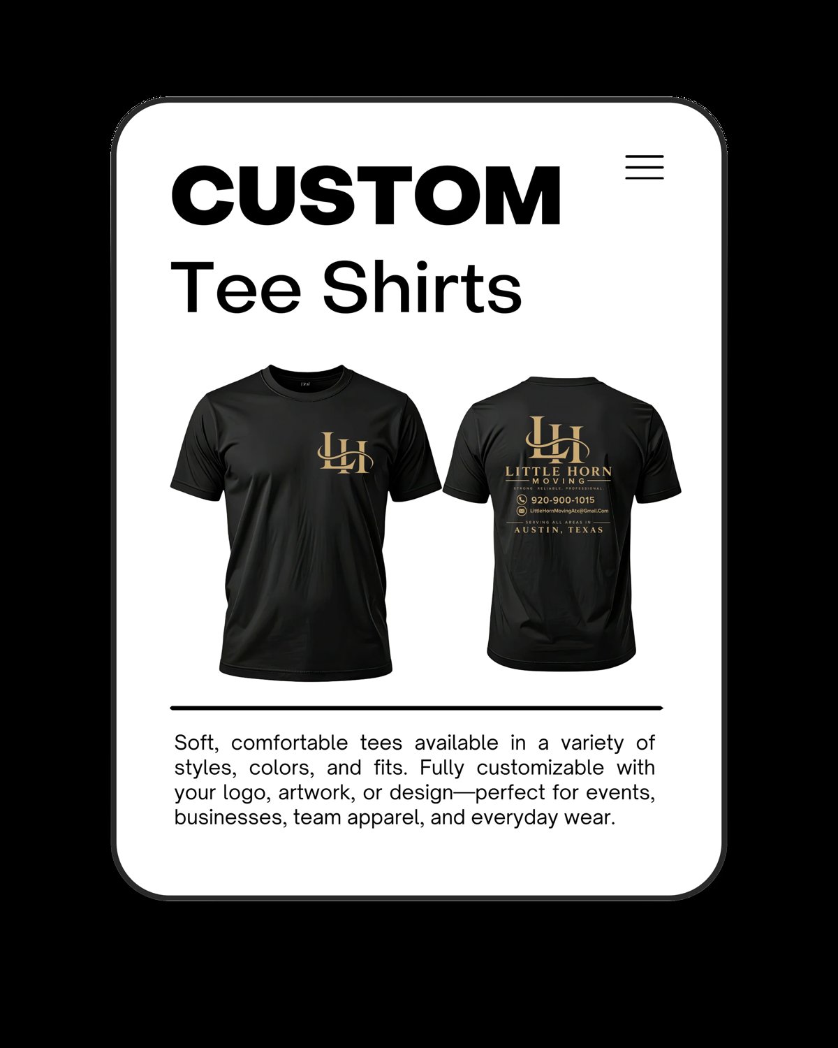 Custom Tee Shirts product page showing black t-shirts with front and back logo designs available in multiple styles and fits