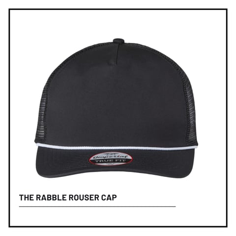 Black trucker cap with mesh back and white stripe, labeled The Rabble Rouser Cap