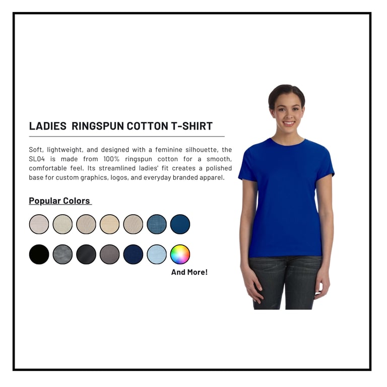 Woman wearing blue ringspun cotton t-shirt with color swatches and product description shown