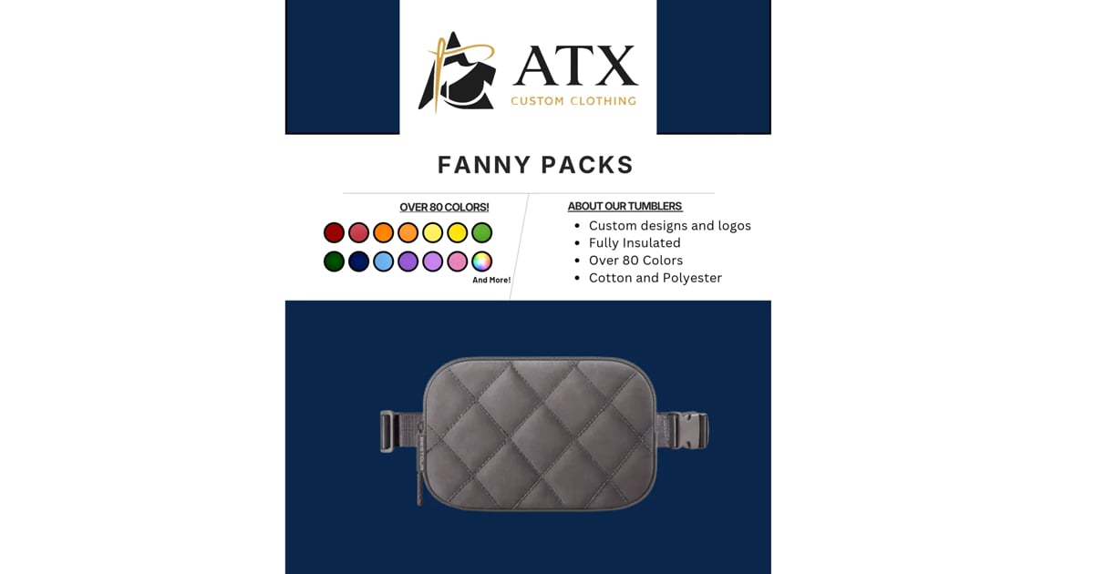 ATX fanny pack in gray quilted fabric with color swatches displayed above on navy background