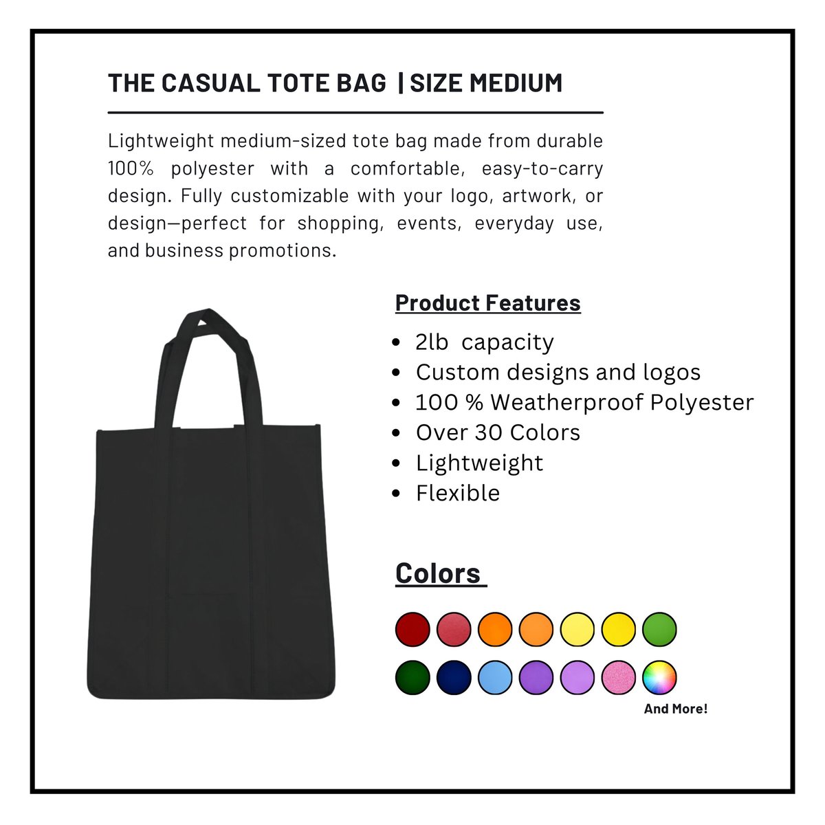 Black medium-sized casual tote bag with product features and color swatches displayed on white background