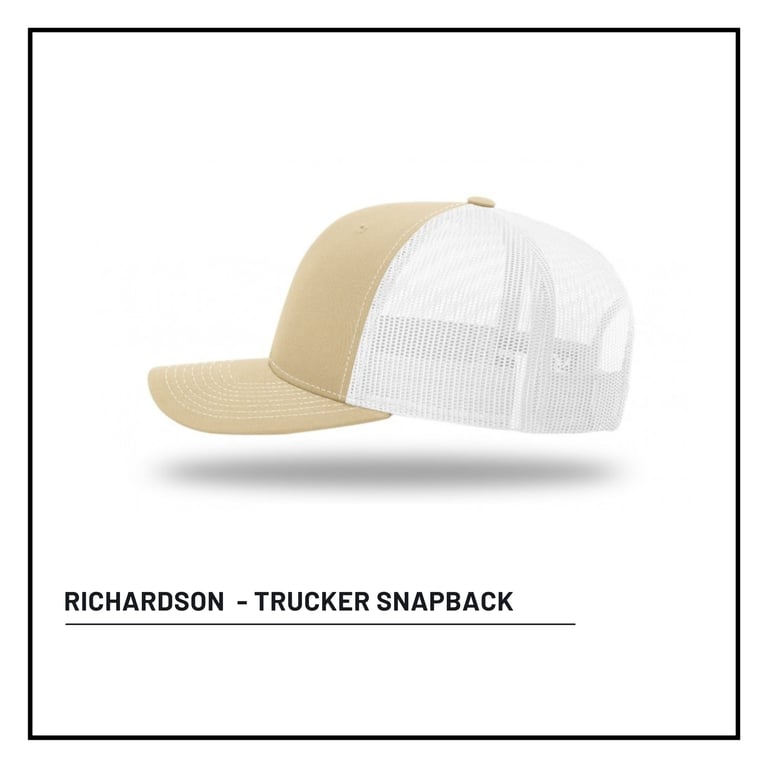 Beige and white Richardson trucker snapback cap displayed on white background