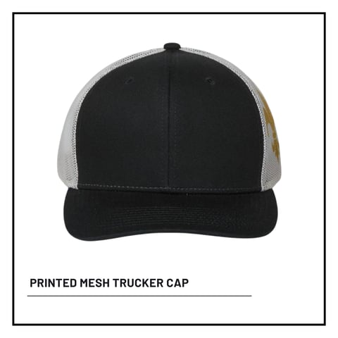 Black and gray printed mesh trucker cap with front view on white background
