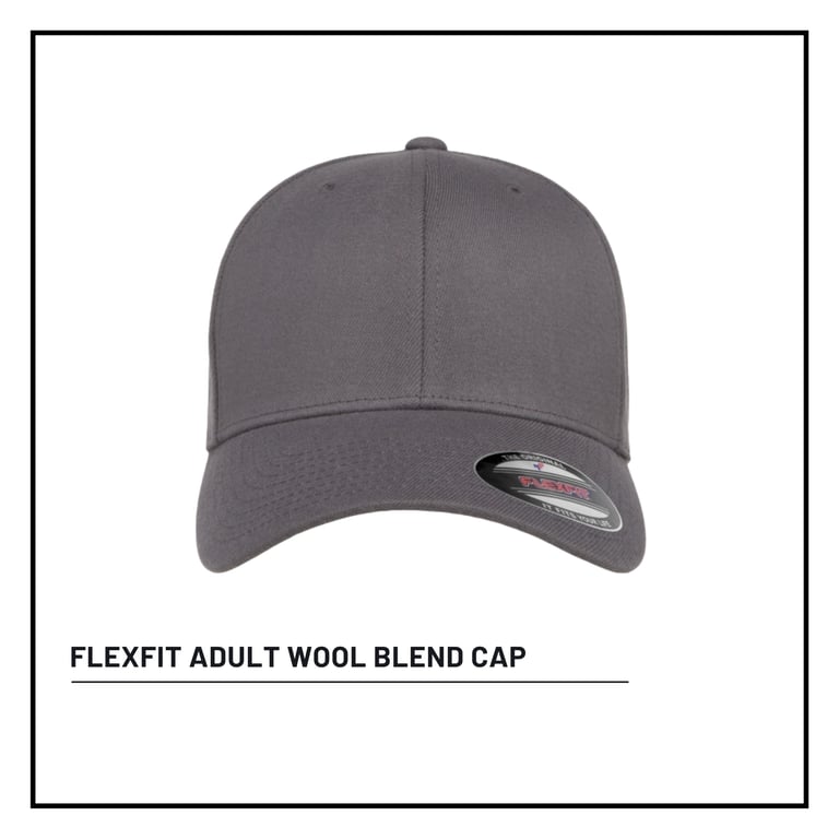 Gray flexfit adult wool blend cap shown against white background with label below
