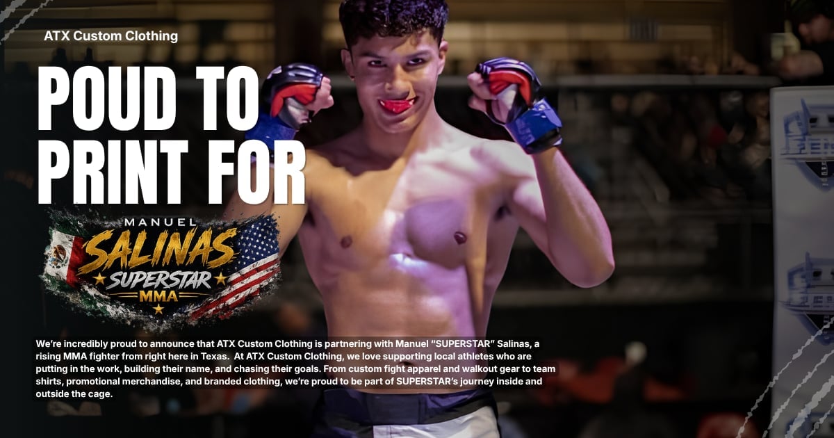 Shirtless boxer in fighting stance wearing blue gloves with ATX Custom Clothing branding and Proud to Print For text overlay