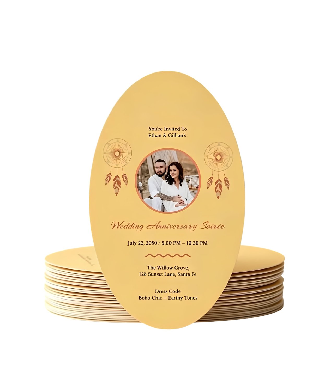 Gold anniversary party invitation card with couple photo, dreamcatcher designs, and event details for July 22, 2025
