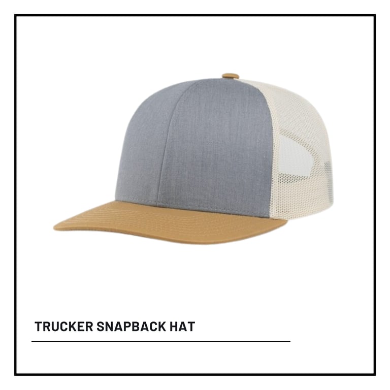Gray, white and tan trucker snapback hat with mesh back panel and adjustable closure