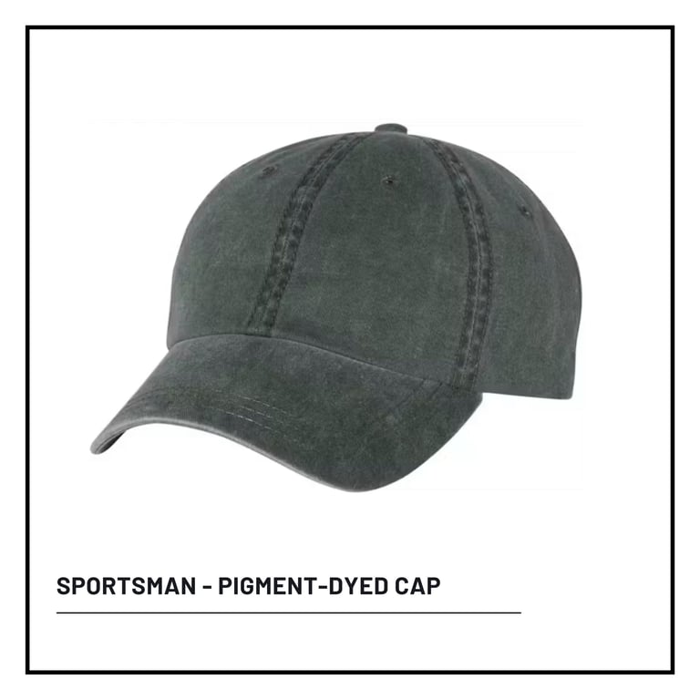 Dark green pigment-dyed baseball cap with curved bill and stitched panels on white background