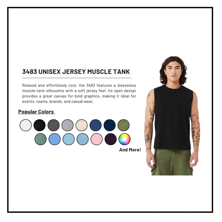 Male model wearing black 3483 unisex muscle tank with color swatches displayed