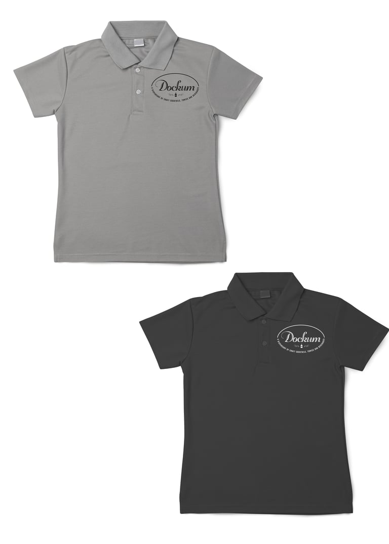 Two womens polo shirts in gray and black with Docdum oval logo on chest