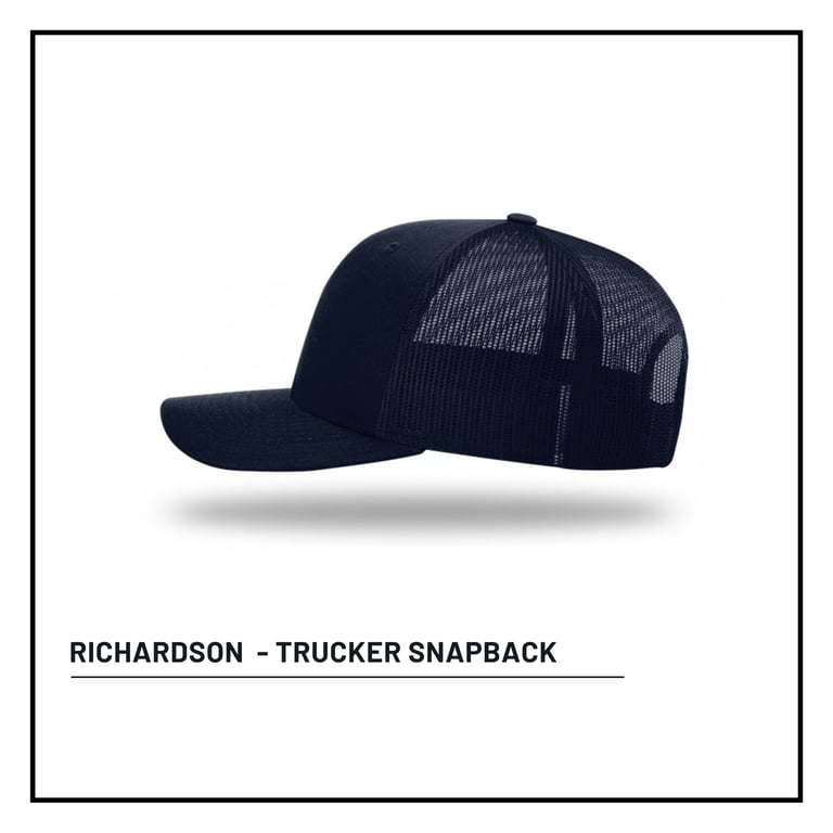 Richardson navy blue trucker snapback cap with mesh panels on white background