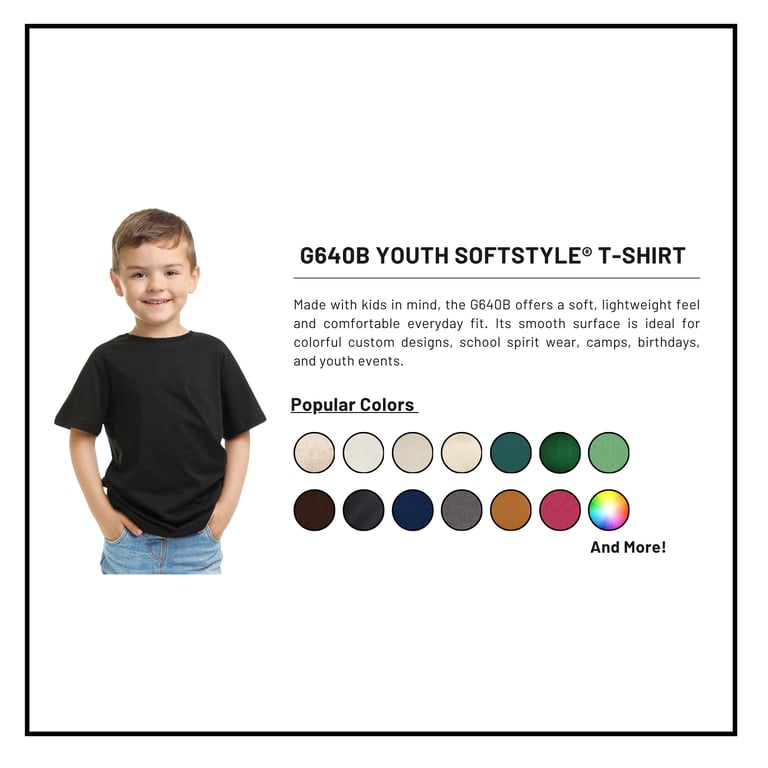 Young boy wearing black G640B SoftStyle t-shirt with color swatches displayed showing available colors for youth apparel
