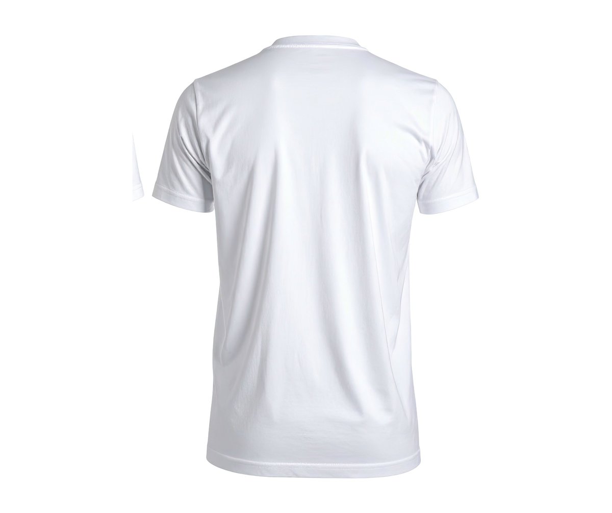 White short-sleeve t-shirt displayed on a flat lay background, back view