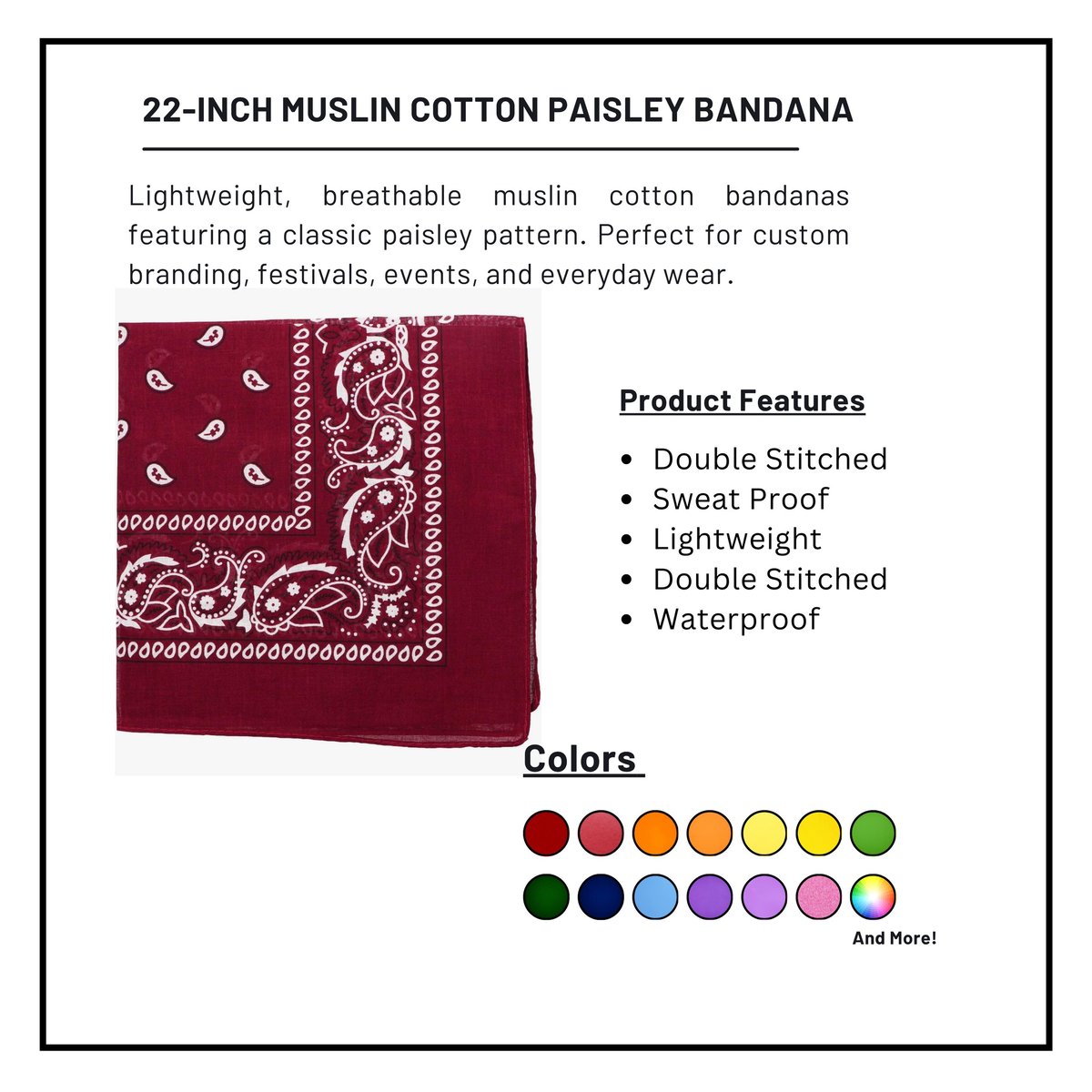22-inch muslin cotton paisley bandana in burgundy with product features and available color swatches