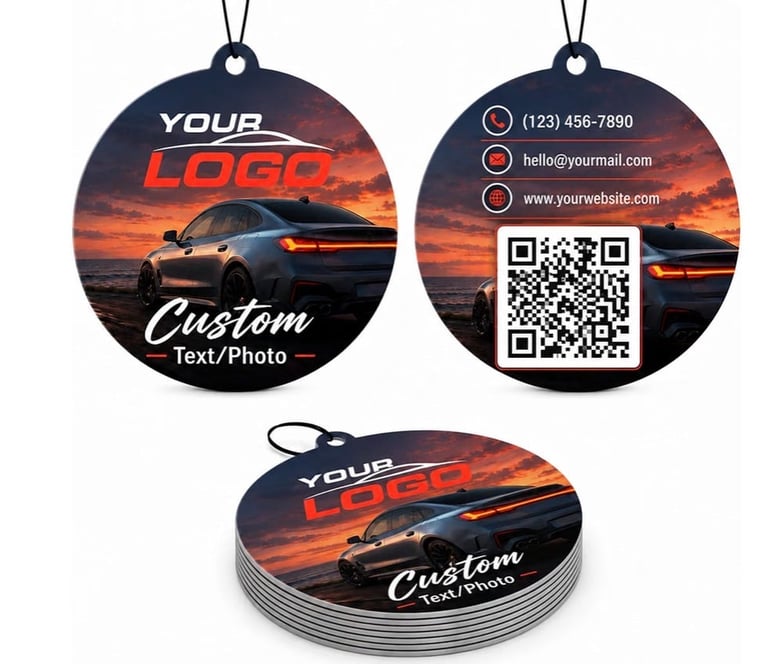 Circular custom car air fresheners with logo and QR code