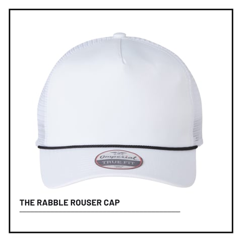 White trucker cap with mesh back and dark visor labeled The Rabble Rouser Cap on white background
