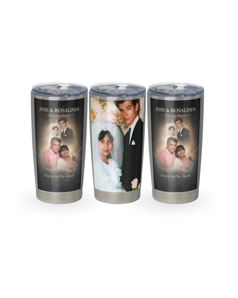 Three stainless steel tumblers with Jose and Rosalinda photo prints