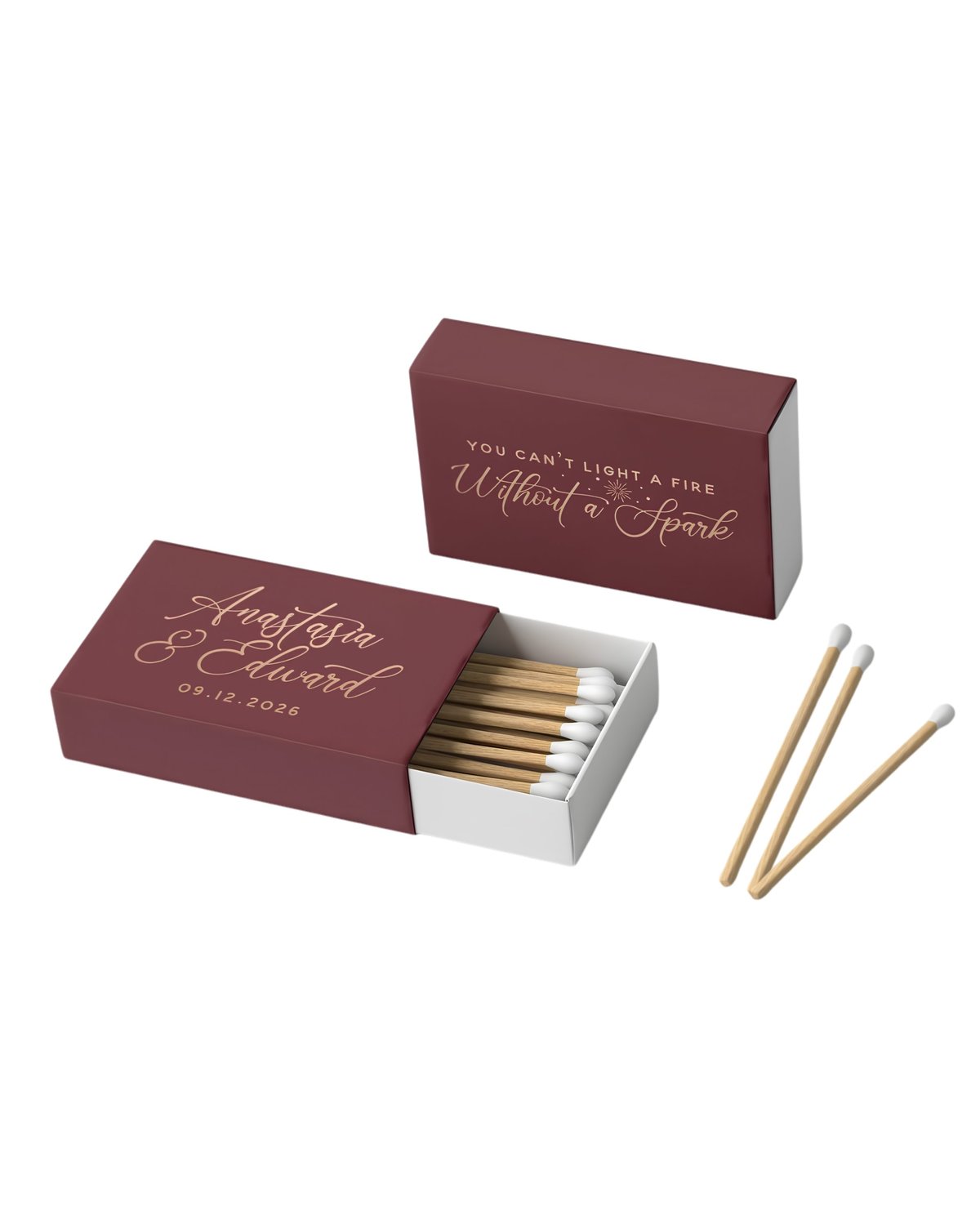 Custom burgundy matchbox with wedding names and date, displayed open with matches, and closed companion box