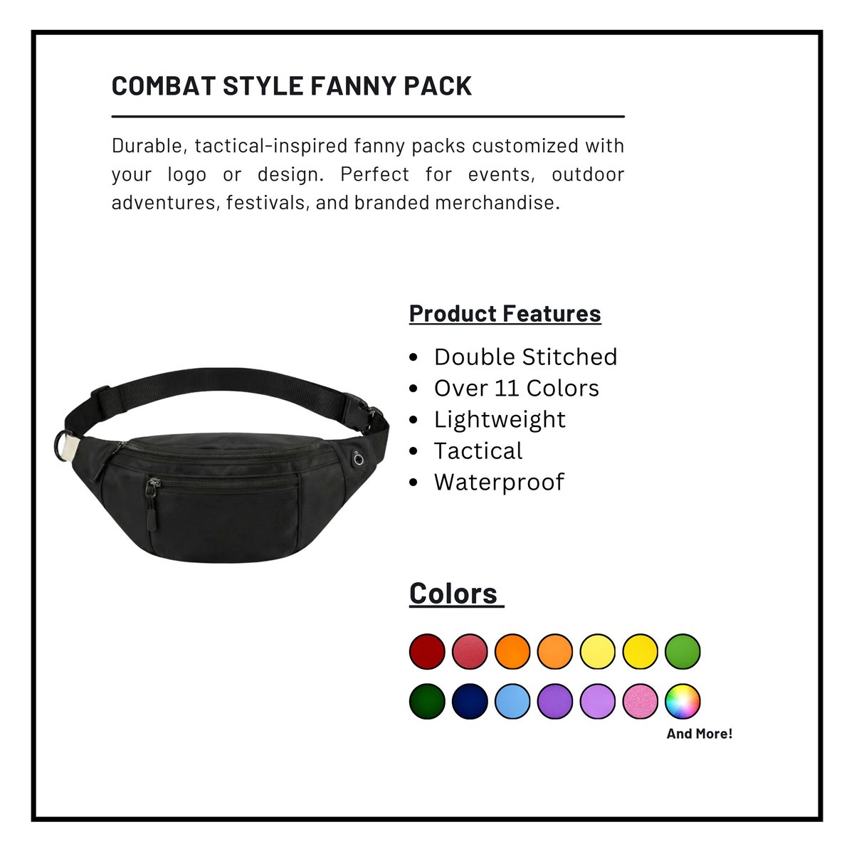 Combat Style Fanny Pack product page showing black waist pack with features and color swatches
