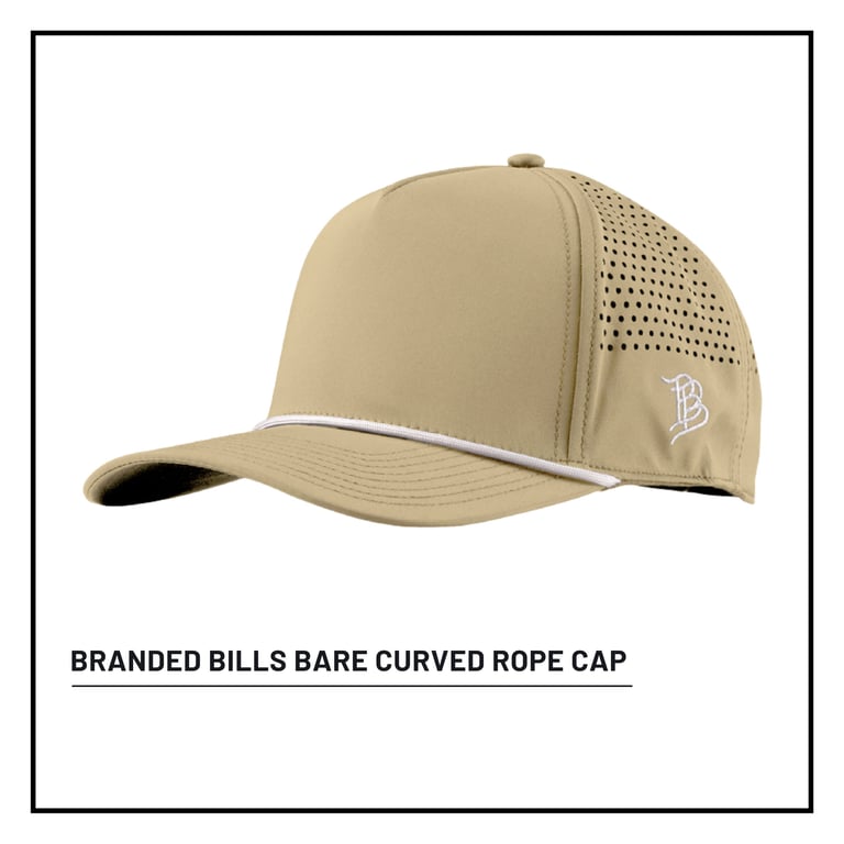 Beige curved rope baseball cap with perforated mesh back and white stripe trim, branded with logo