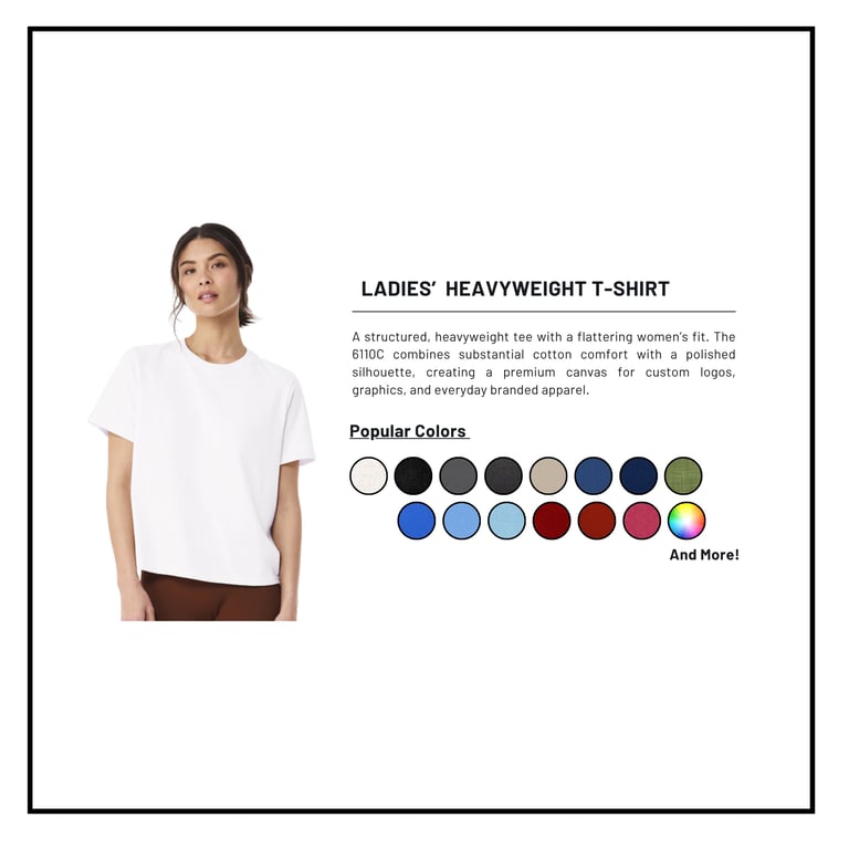 Woman wearing white Ladies Heavyweight T-Shirt with product description and color swatches displayed on right