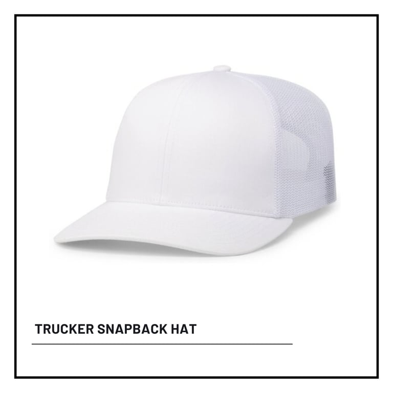 White trucker snapback hat with mesh back panel on white background