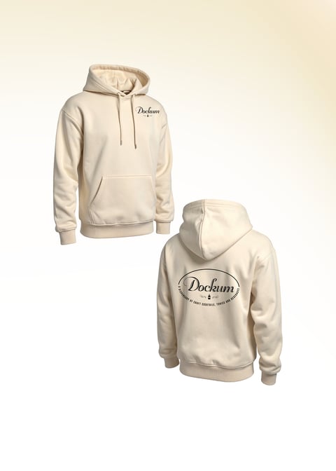 Front and back view of a cream-colored hoodie with Dockum branding and logo print
