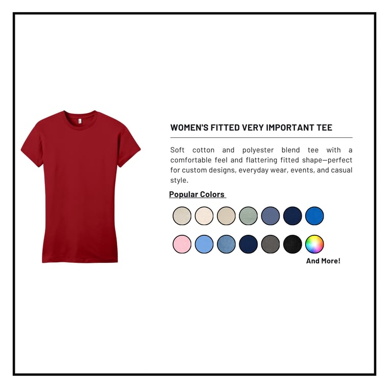 Womens fitted maroon t-shirt with product details and color swatches showing available colors
