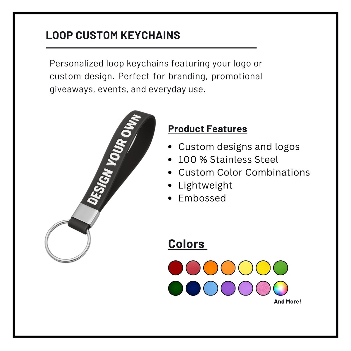 Loop custom keychains product showcase with stainless steel design, personalization options, and available color swatches