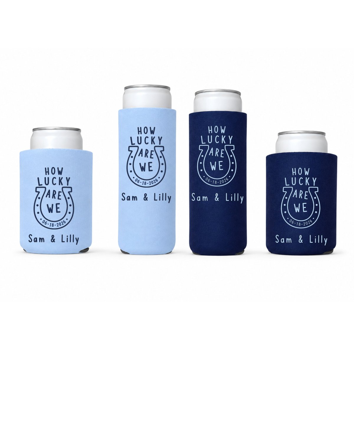 Four koozies in light blue and dark blue featuring a horseshoe design and How Lucky We Are text for Sam and Lilly brand