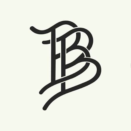 Stylized black letter B monogram logo with flowing, curved lines on a light background