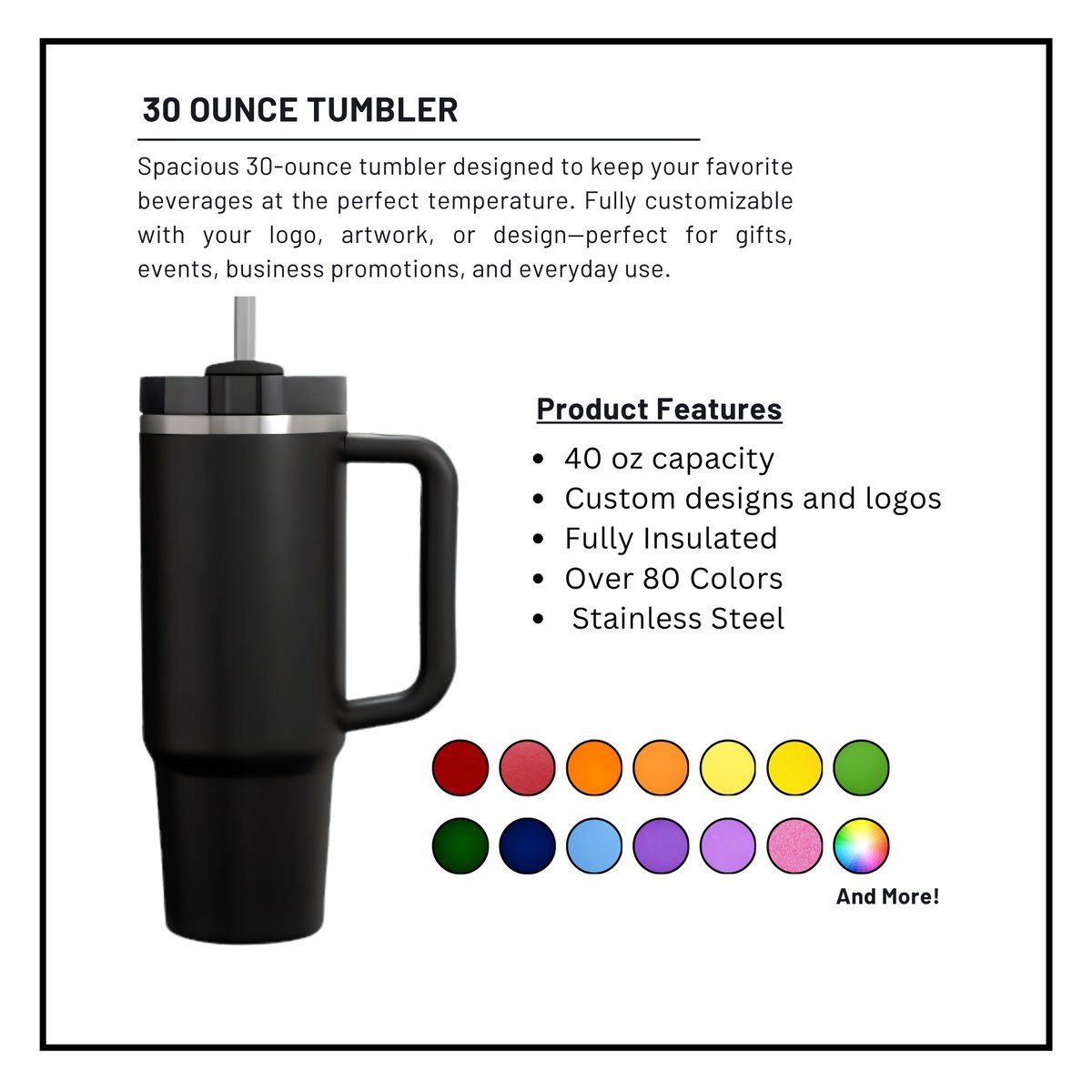 Black 30 ounce insulated tumbler with handle, showing product features and available color options