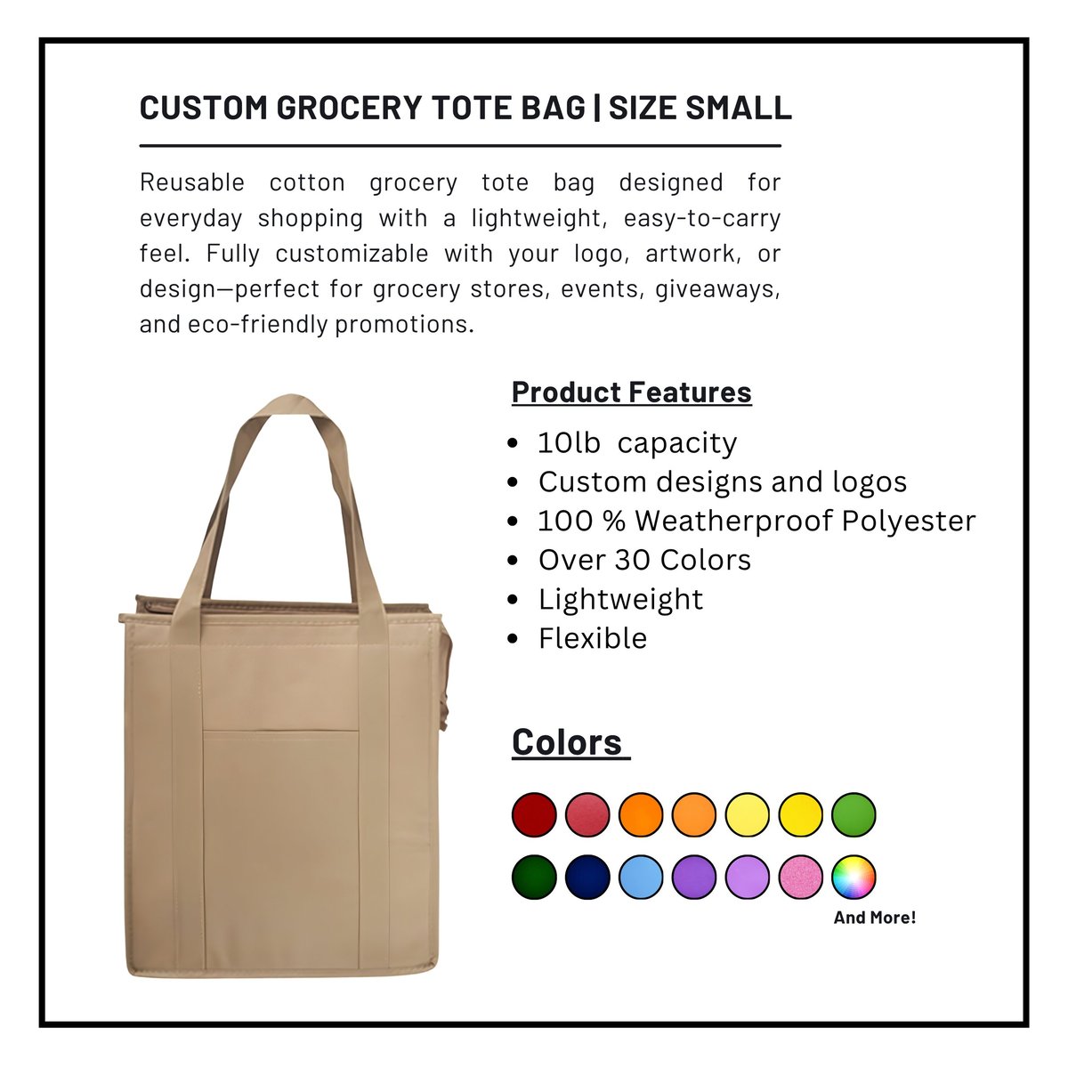 Custom small beige cotton grocery tote bag with handles and multiple color options displayed