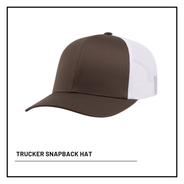 Brown and white trucker snapback hat with mesh back panel on white background