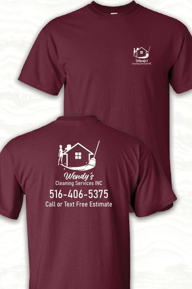 Maroon t-shirt front and back showing Wendys Cleaning Services logo, phone number 516-406-5375, and free estimate offer