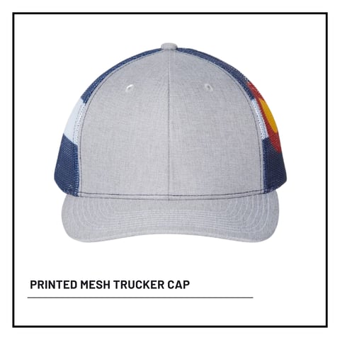 Light gray and navy mesh trucker cap with colorful stripe detail on the back panel