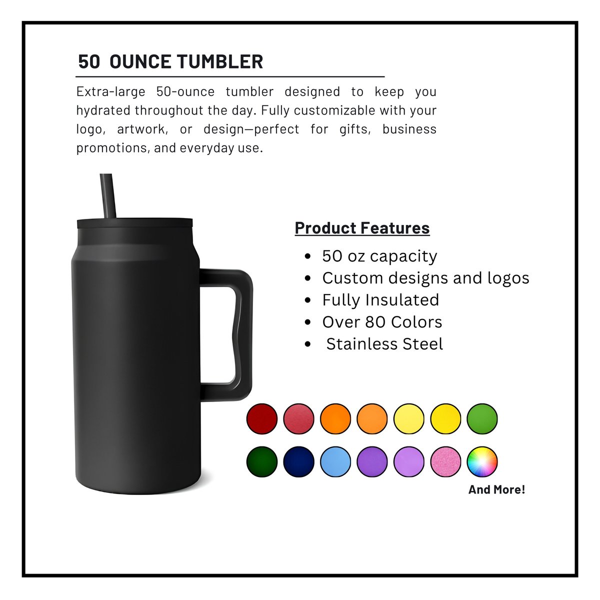 Black 50-ounce tumbler with handle and straw, featuring product details and color swatches for customization options
