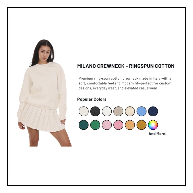 Woman wearing cream Milano crewneck ringspun cotton sweatshirt with pleated skirt, shown with color swatch options