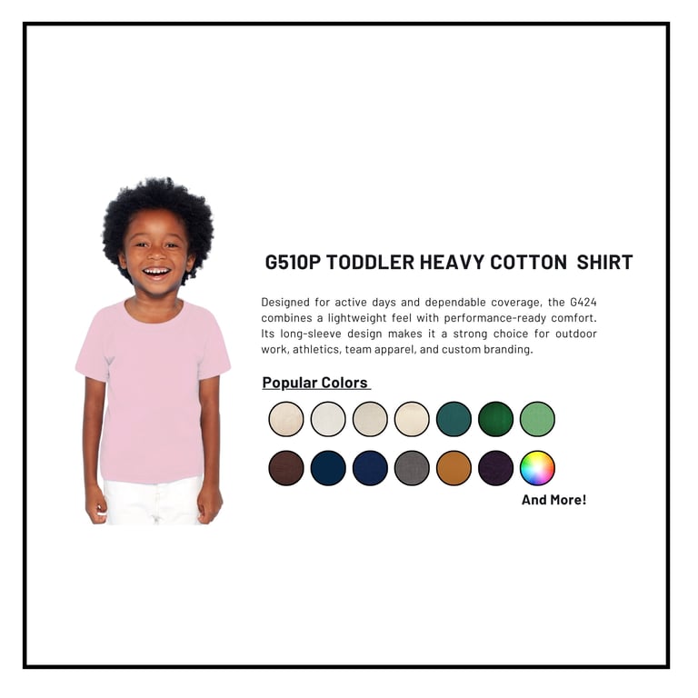 Young child wearing pink G510P toddler cotton shirt with white pants, shown with color swatches and product description