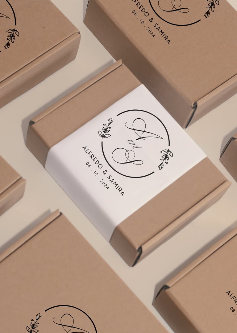 Arranged cosmetic product boxes with minimalist line art logo and botanical designs in beige and white colors