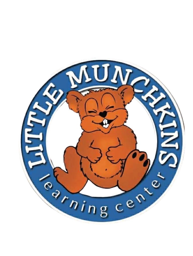 Little Munchkins Learning Center logo featuring a brown teddy bear mascot inside a blue circular badge
