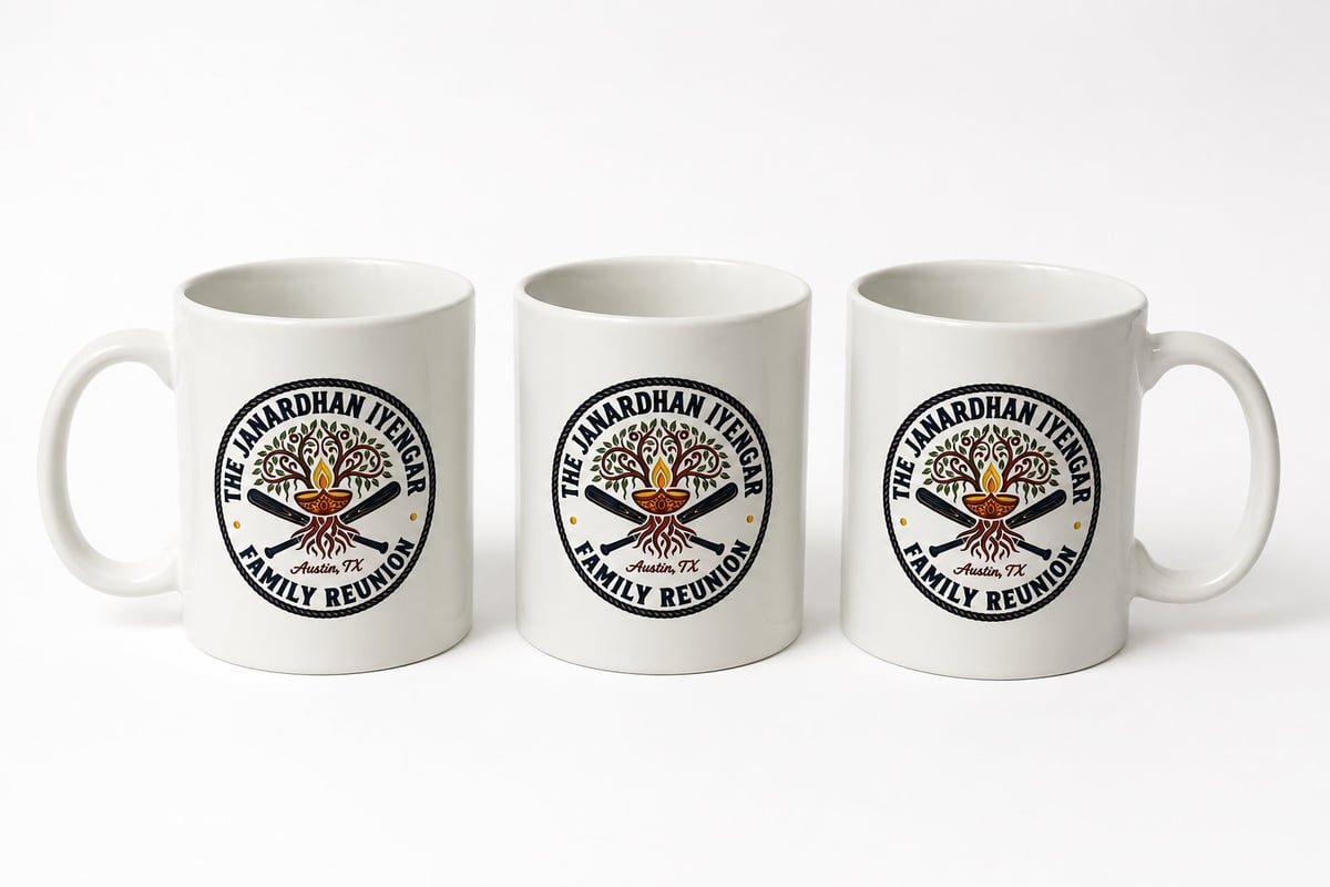 Three white ceramic mugs with matching circular brewery logo design and text reading Family Brewing