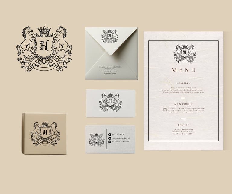 Elegant brand identity stationery set with heraldic crest logo on beige background, including business cards, menu, and envelope mockups