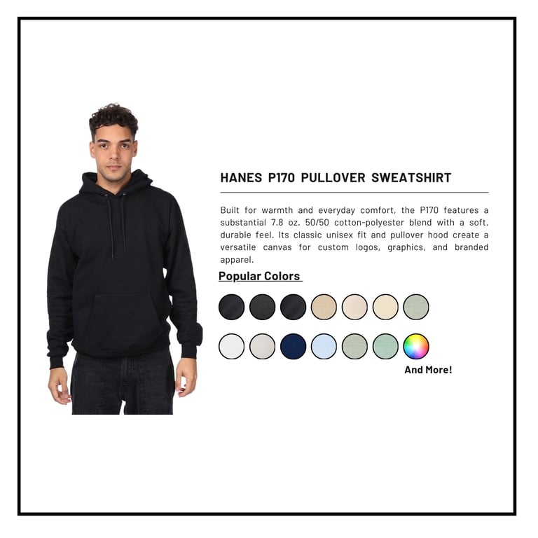 Man wearing black Hanes P170 pullover sweatshirt with product description and color swatch options displayed