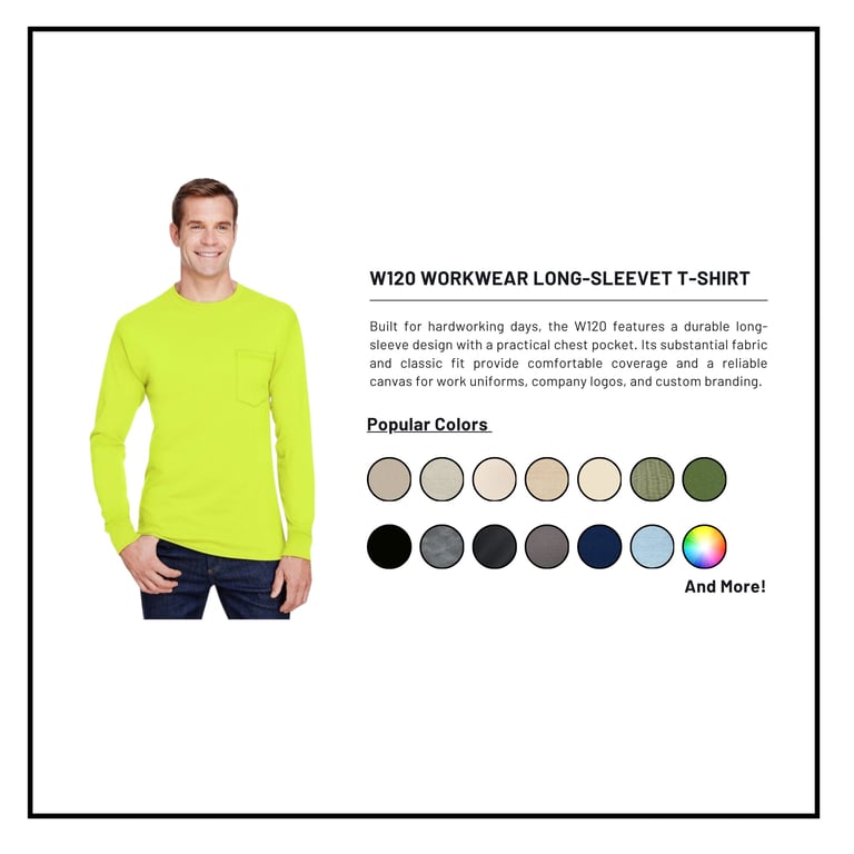 Man wearing neon yellow W120 workwear long-sleeve t-shirt with available color swatches displayed