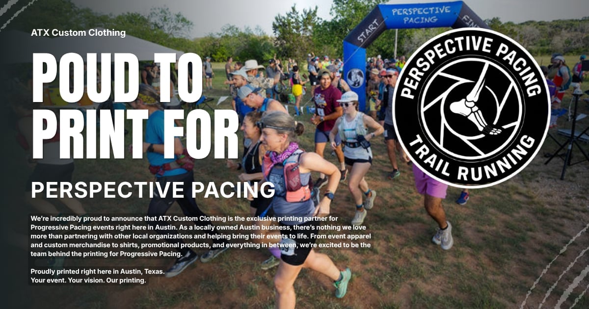 ATX Custom Clothing proud to print for Perspective Pacing trail running event with large group of runners at outdoor race