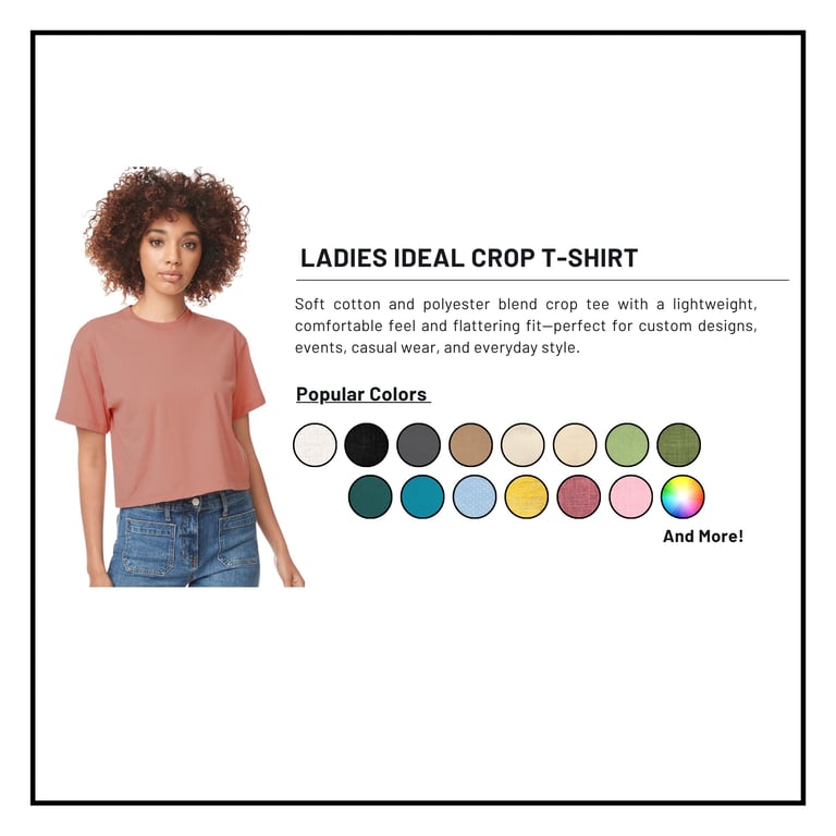 Woman modeling a dusty rose crop t-shirt with product details and color swatch options displayed to the right